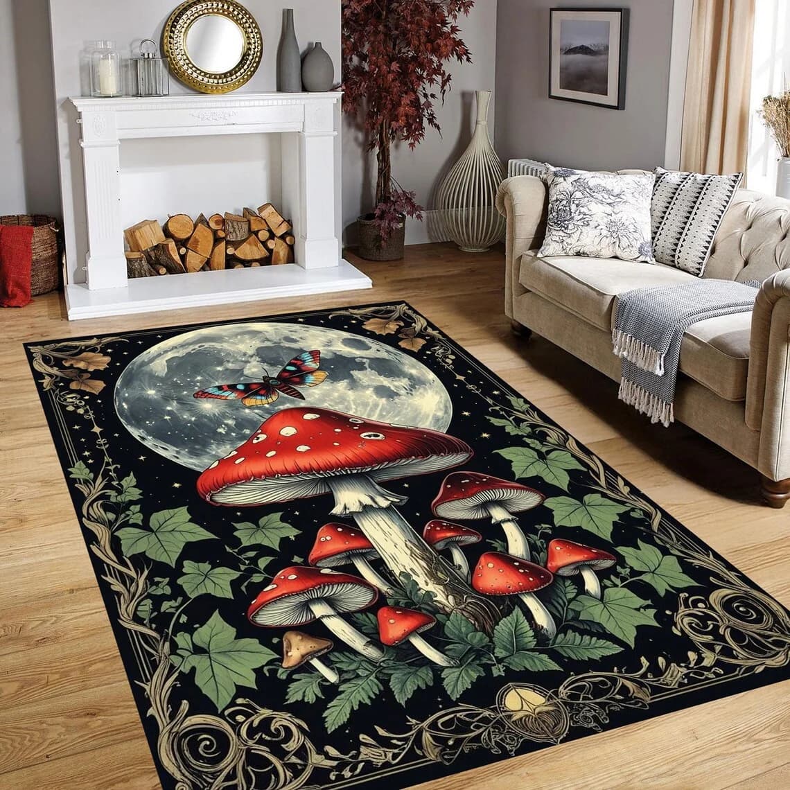 Mystical Mushroom Rug,Full Moon Forest Carpet, Gothic Nature Decor with Butterfly & Red Toadstools, Fairycore Living Room Mat