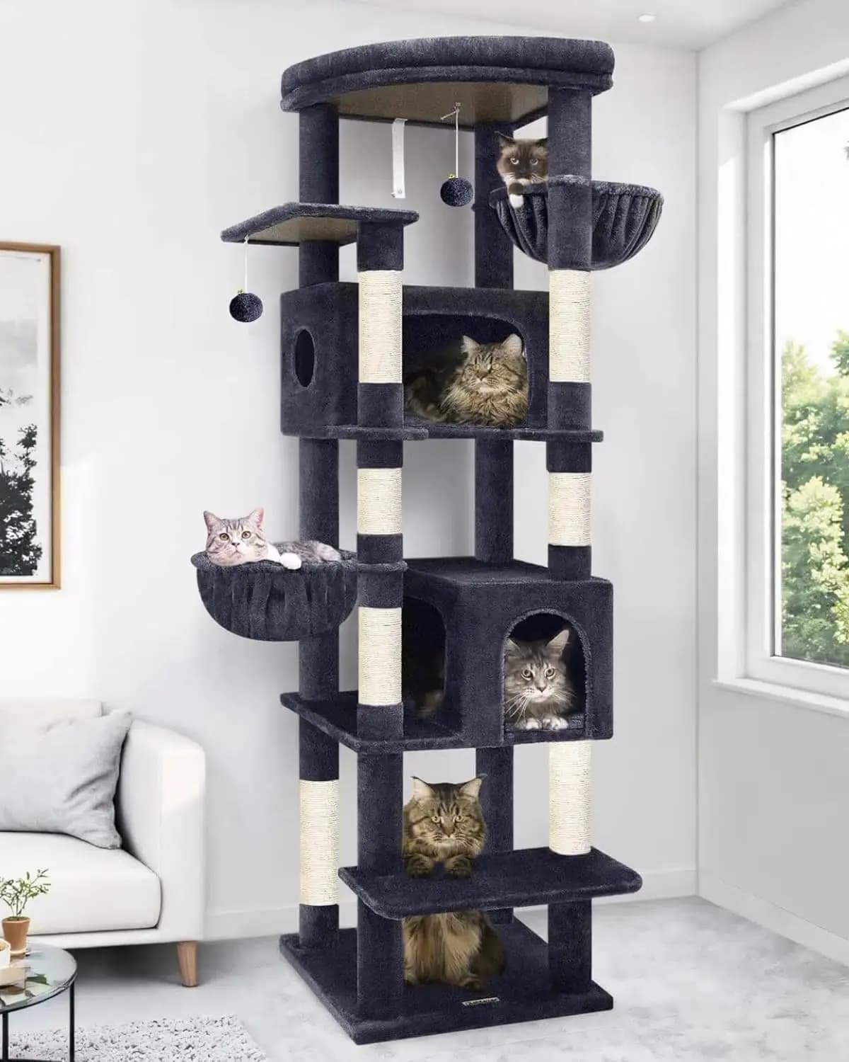 Albero per Gatti Robusto da 74 Pollici per Gatti di Taglia Grande, 7 Pali in Sisal, 2 Cucce e Cesti Sospesi, Grigio Scuro