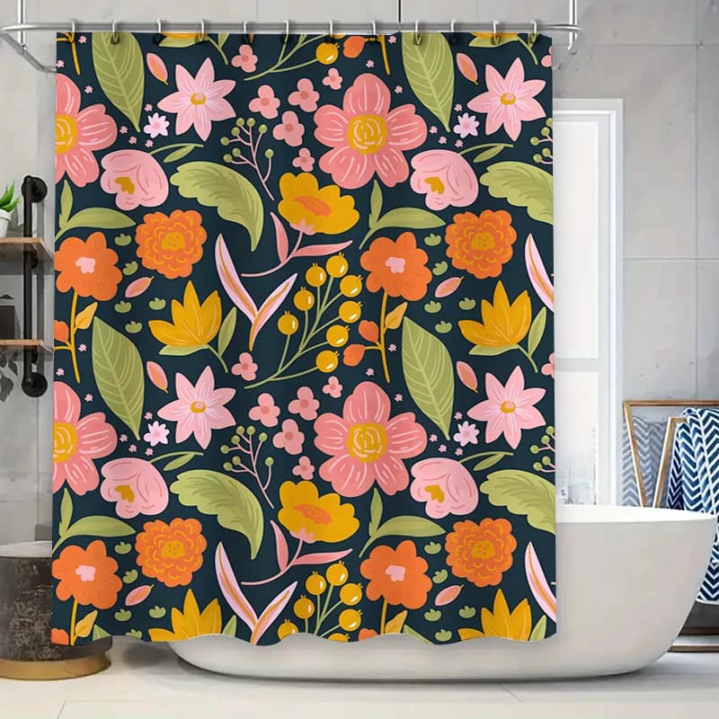 Decorazione moderna per il bagno Tenda da doccia floreale gialla rosa con foglie verdi per decorazione vasca da bagno in bagni cucine (blu navy