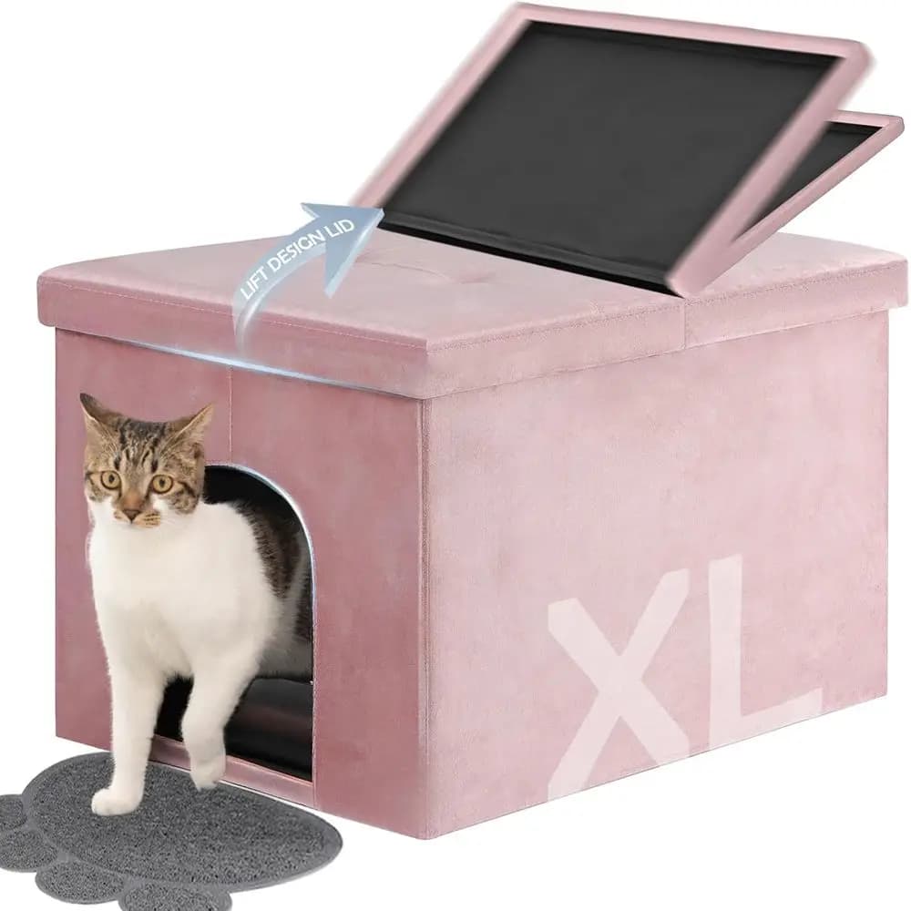 Lettiera per Gatti Grande e Nascosta in Velluto con Panca, Vano Contenitore e Design Facile da Pulire (Rosa)
