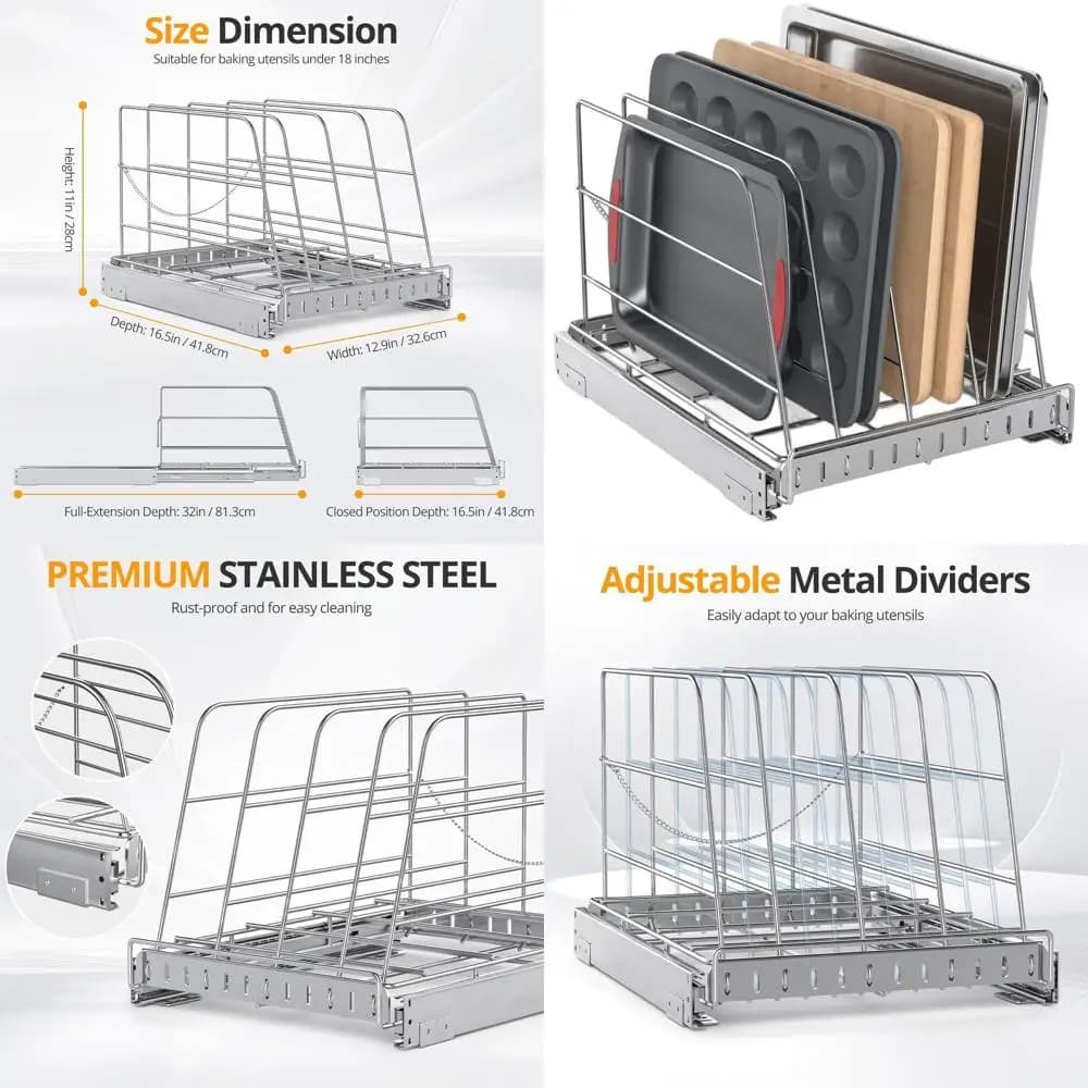 Pull-out organizer for cookie cutting and sheets, stainless steel shelf for heavy loads, 12,9 x 16,5
