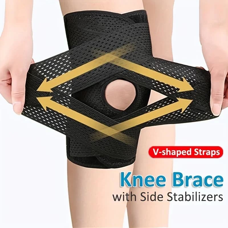 Ginocchiera sportiva a compressione unisex con cinturino a V e rete traspirante con stabilizzatori laterali per alleviare il dolore al ginocchio, supporto per la corsa