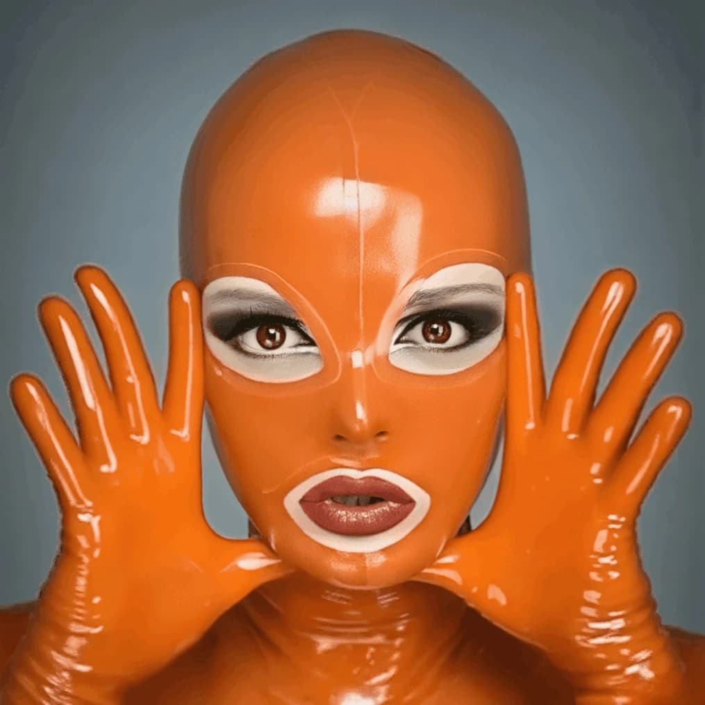 maschera arancione in lattice di gomma personalizzata con aperture per la bocca degli occhi guanti moda cosplay copricapo in lattice costume gioca abbigliamento fetish