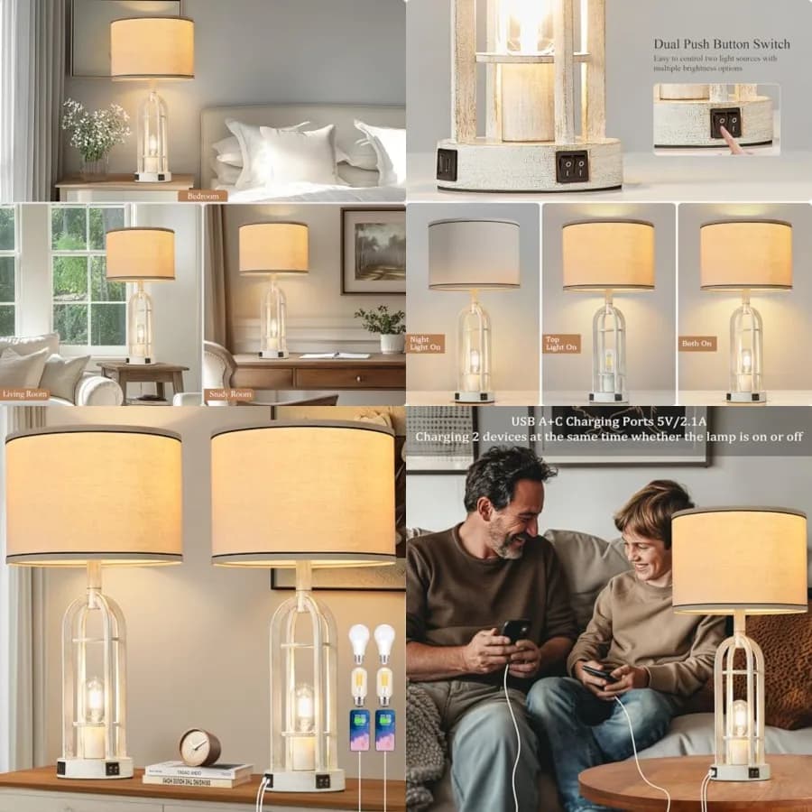 Lampade da Tavolo Stile Fattoria per Soggiorno Set di 2 - Lampade Industriali Rustiche per Comodini con Luce Notturna e USB A+C, 24 Pollici in Vinile