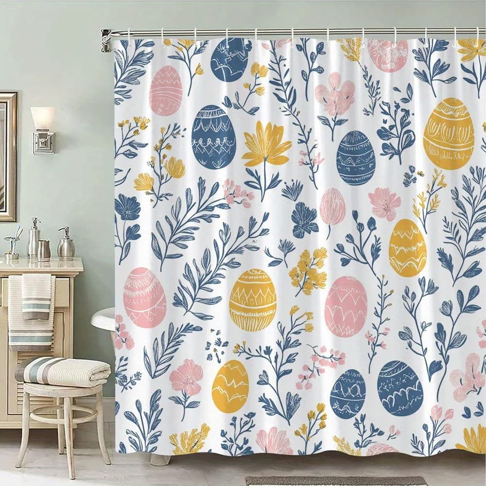 1 tenda da doccia con uovo di Pasqua e floreale - Monstera verde lussureggiante e ibisco rosa, design colorato nella giungla, poliestere
