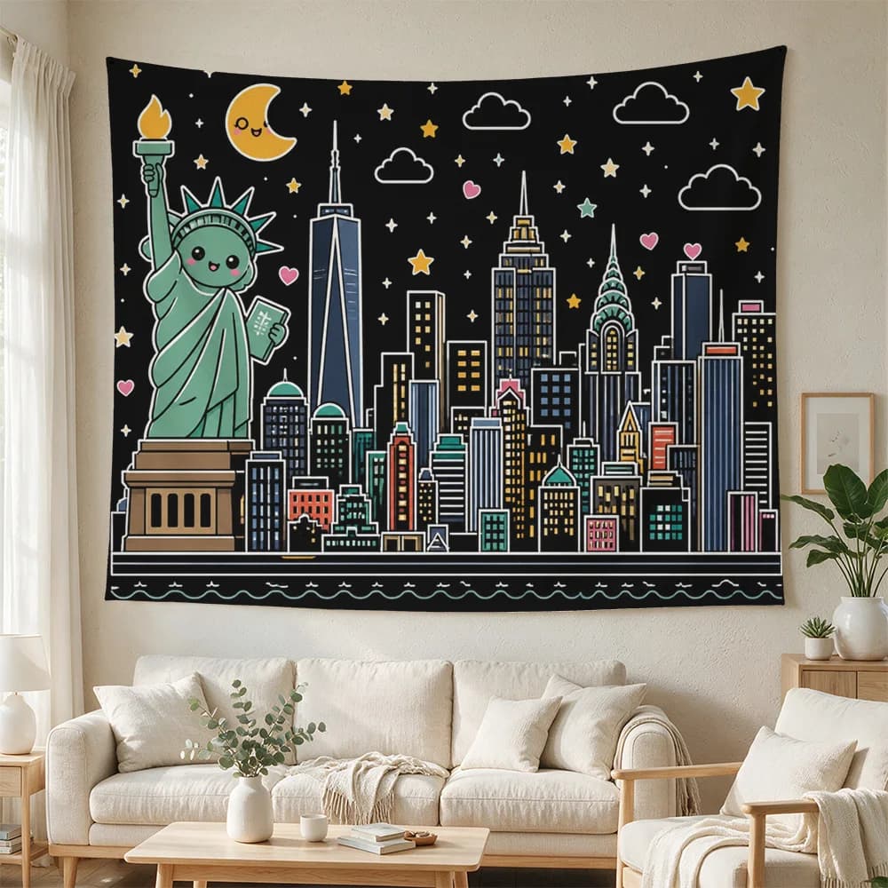 Fun City Skyline Banner Wall Hanging Art Decor Statue of Liberty Pop Culture Nursery Room Backdrop