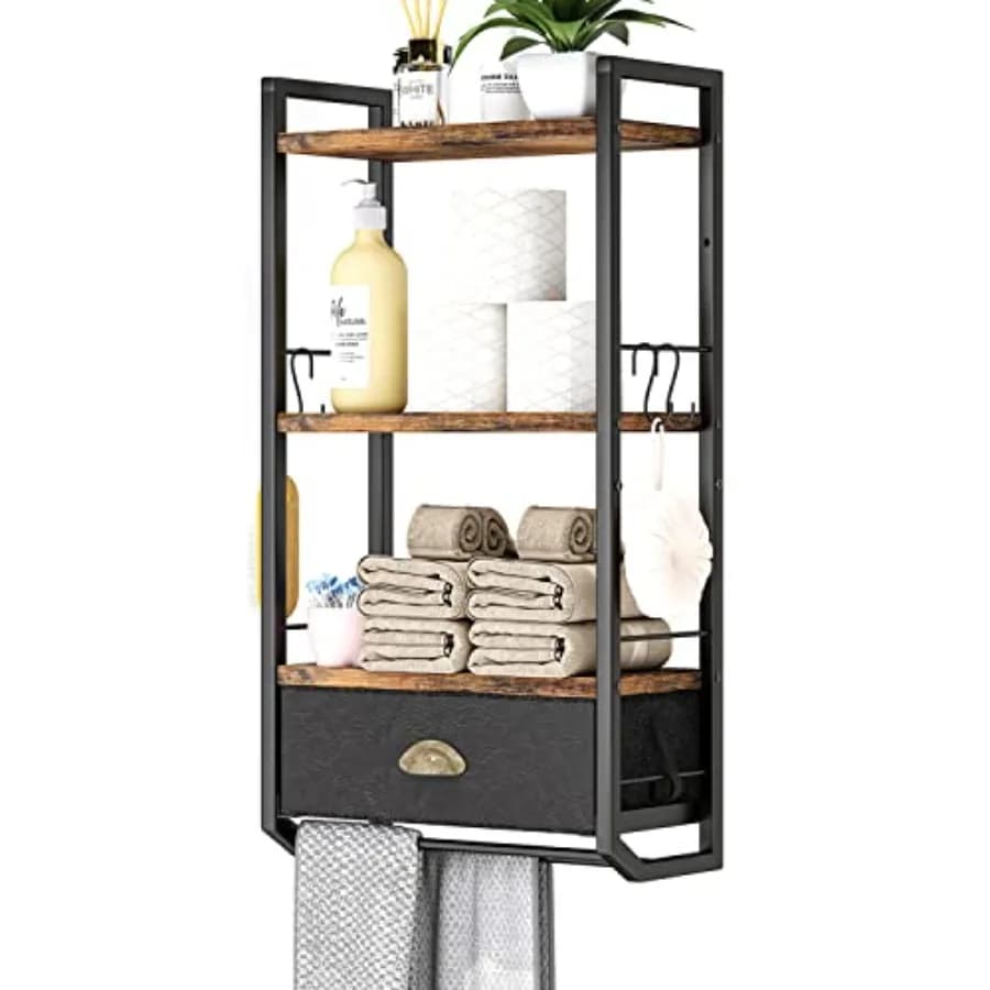 Organizzatore da Bagno a Parete a 3 Livelli con Cassetto Portaoggetti, Doppio Portasciugamani e Ganci - Stile Industriale