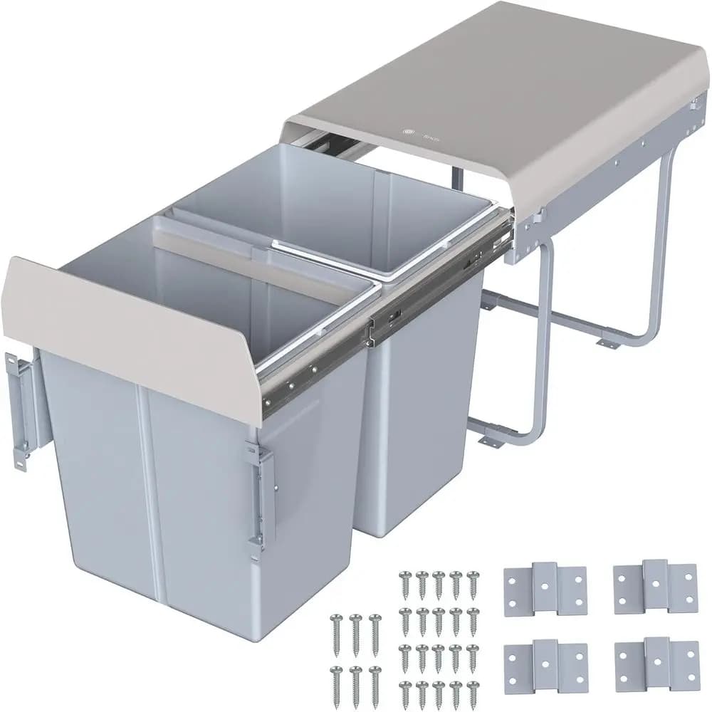 Sistema di Bidoni per Rifiuti a Doppio Scomparto da 40L con Coperchi, Grigio, Contenitore per Riciclaggio Sottolavello