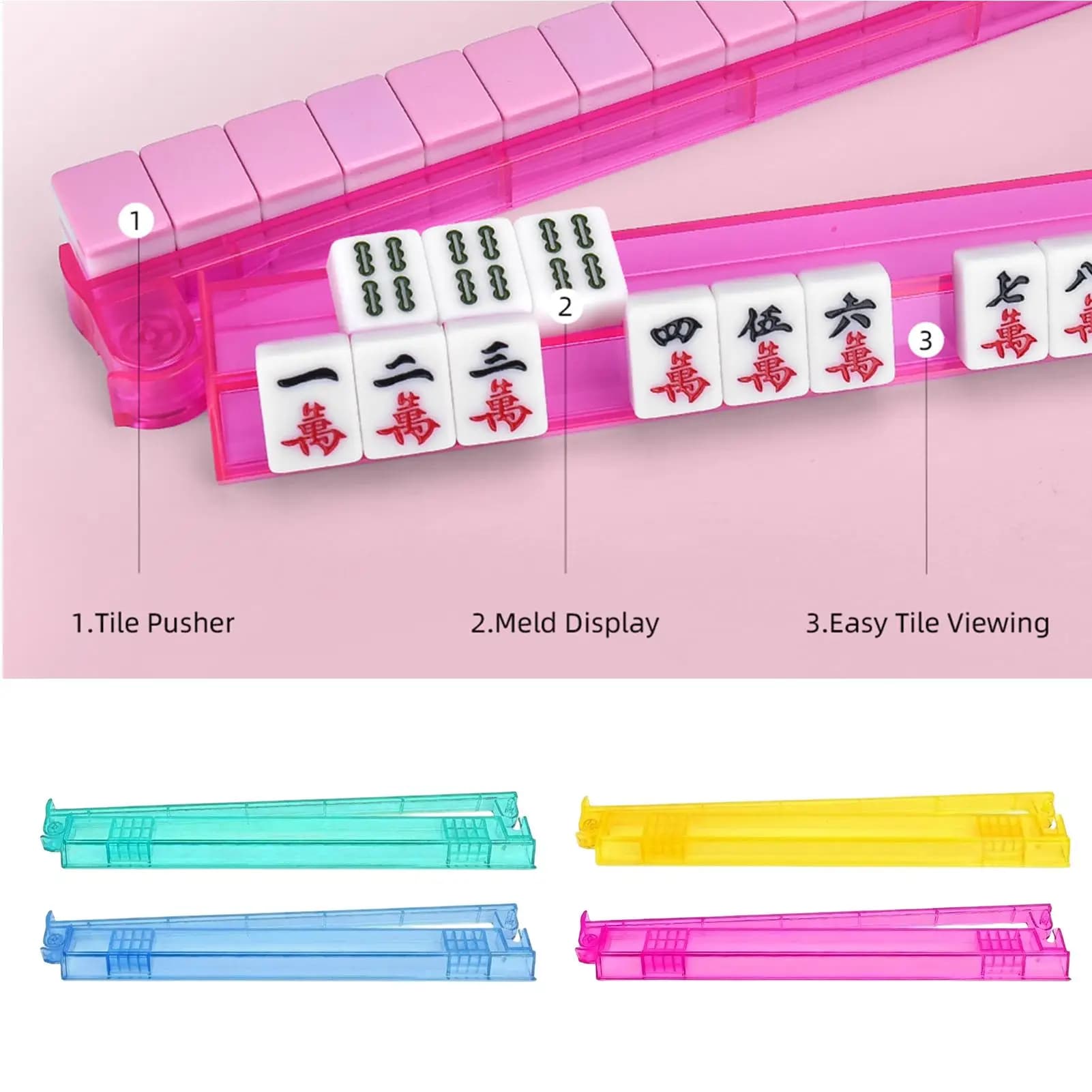 Supporti per Mahjong con spintore, supporto trasparente portatile, set di 4 supporti trasparenti per tessere Mahjong, per adulti, giocatori principianti, serate di gioco