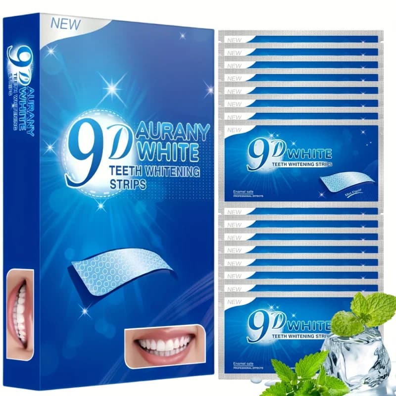21 pairs of white teeth whitening stripes 9D Aurany with 6% hydrogen peroxide, peppermint taste gel with low sensitivity for whiter