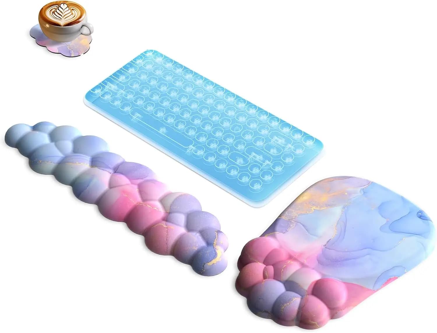 Set Tastiera Cloud con Poggiapolsi e Tappetino Mouse Carino con Supporto per Polso in Morbida Schiuma Memory e Poggiabraccio per Scrivania