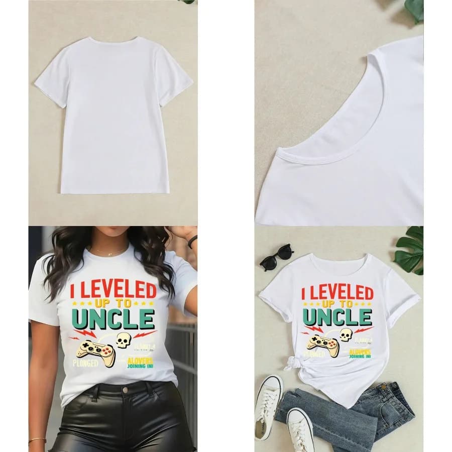【Nuovo stile】T-shirt da donna a maniche corte con stampa grafica I Leveled Up To Uncle Slogan Tee Game Controller con stampa teschio, casual e divertente