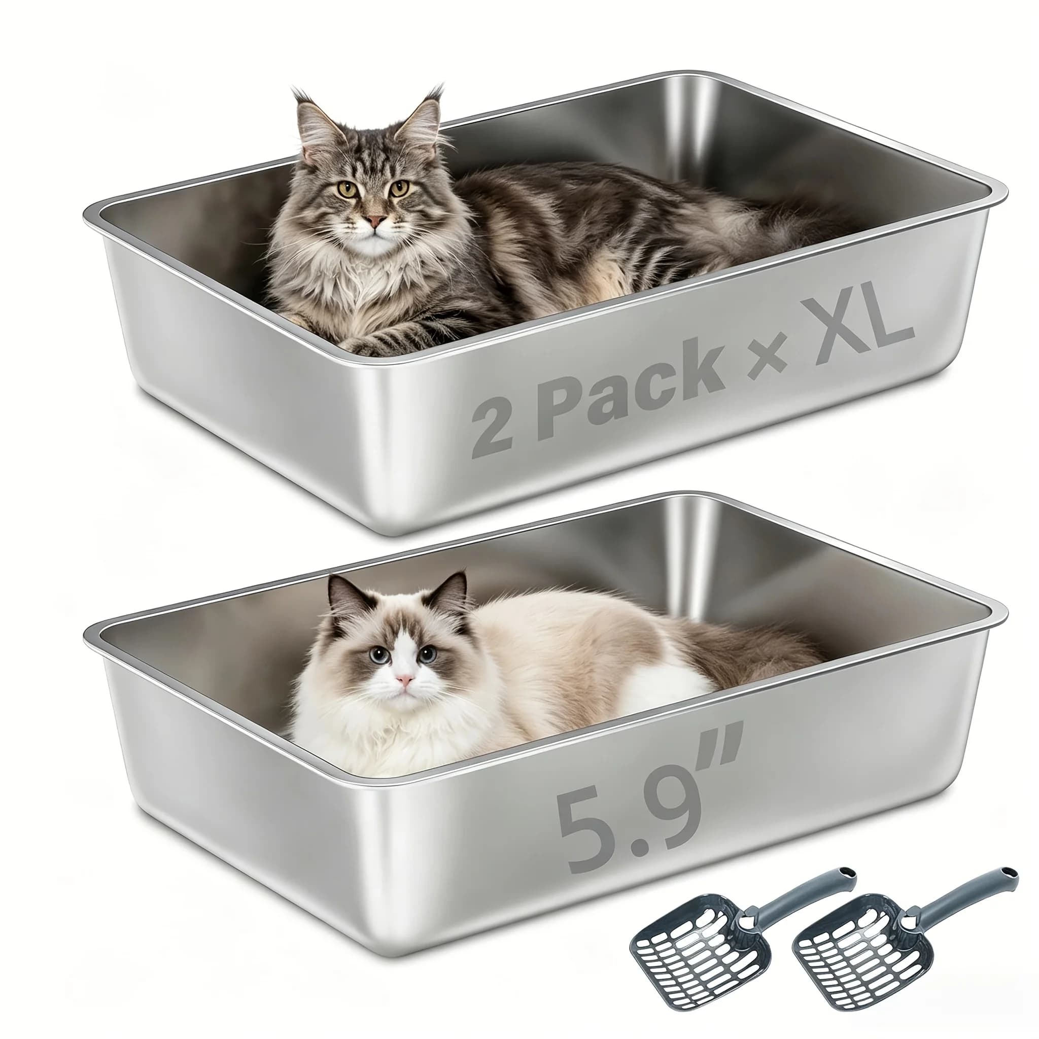 Set di 2 lettiere per gatti in acciaio inossidabile, resistenti ai graffi, durevoli e facili da pulire, diverse misure per tutti i gatti, include 2 palette e cuscinetti antiscivolo, comoda sostituzione con design a 2 pezzi.
