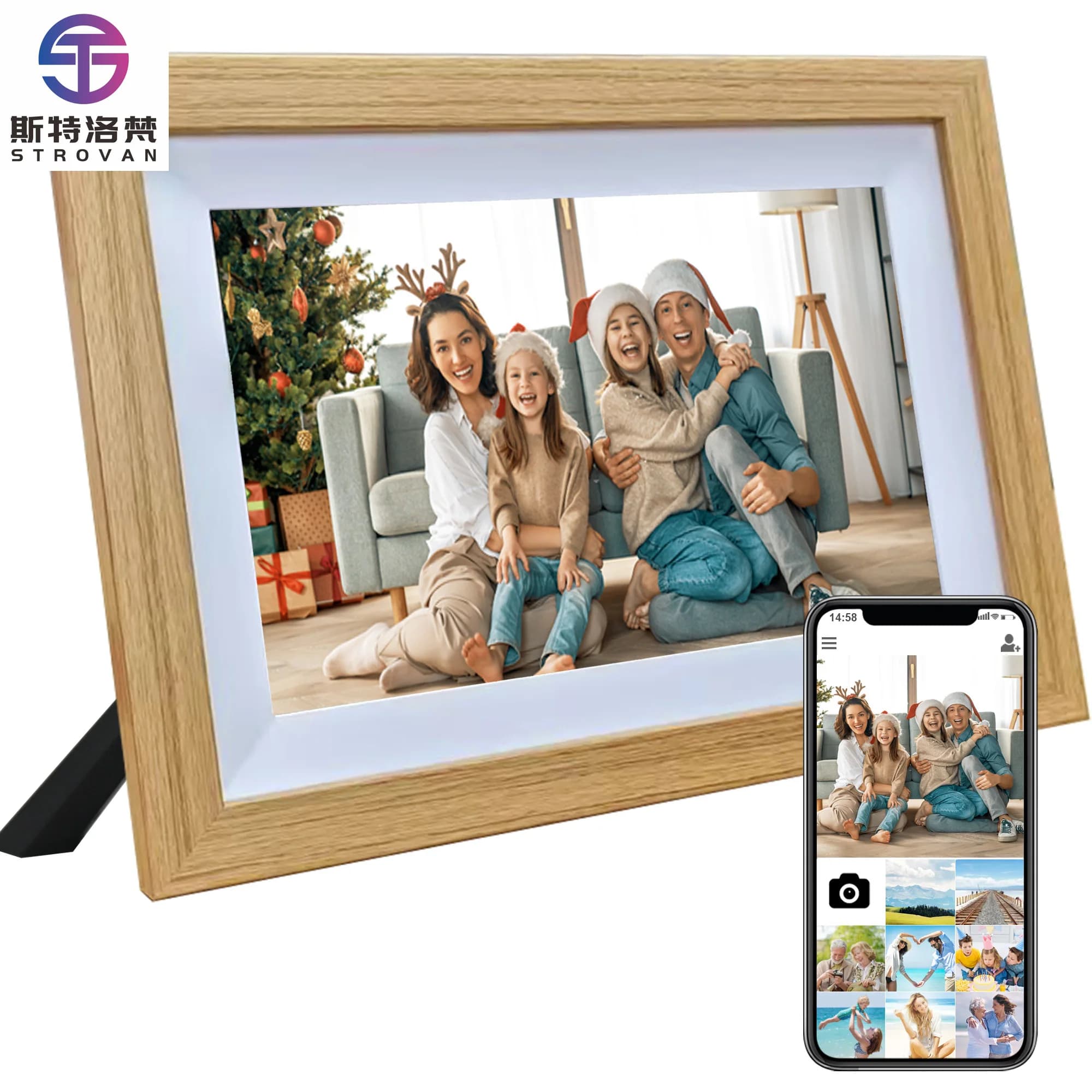 Cornice per foto digitale moderna ed elegante in legno grigio 1280x800 HD 32 GB di memoria abilitato WiFi Materiale acrilico Modello RK3126