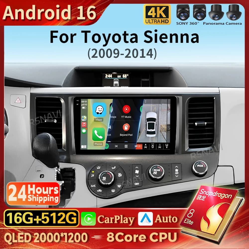 Android 16 Carplay Auto BT GPS Car Radio Multimedia Video Player For Toyota Sienna 3 XL30 2010 - 2014 2 din Autoradio 16G-512G