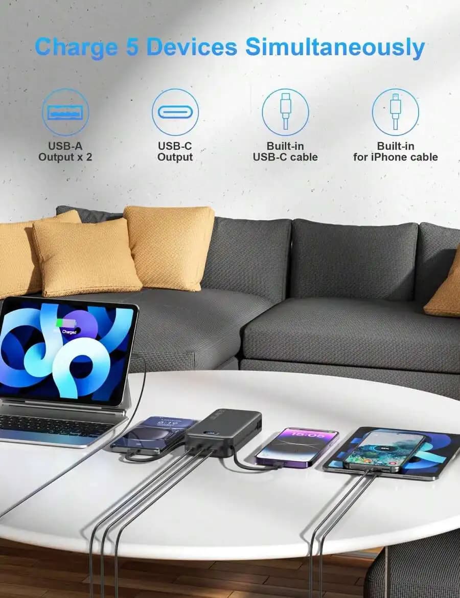 Power Bank Portatile Sottile da 20000mAh con Cavi USB-C e Lightning Integrati, Ricarica Rapida per 5 Dispositivi