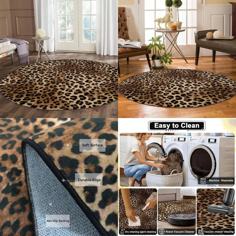 Tappeto con stampa leopardata da 5 piedi di diametro: tappeto circolare lavabile, antiscivolo, morbido e antiscivolo per ambienti multipli