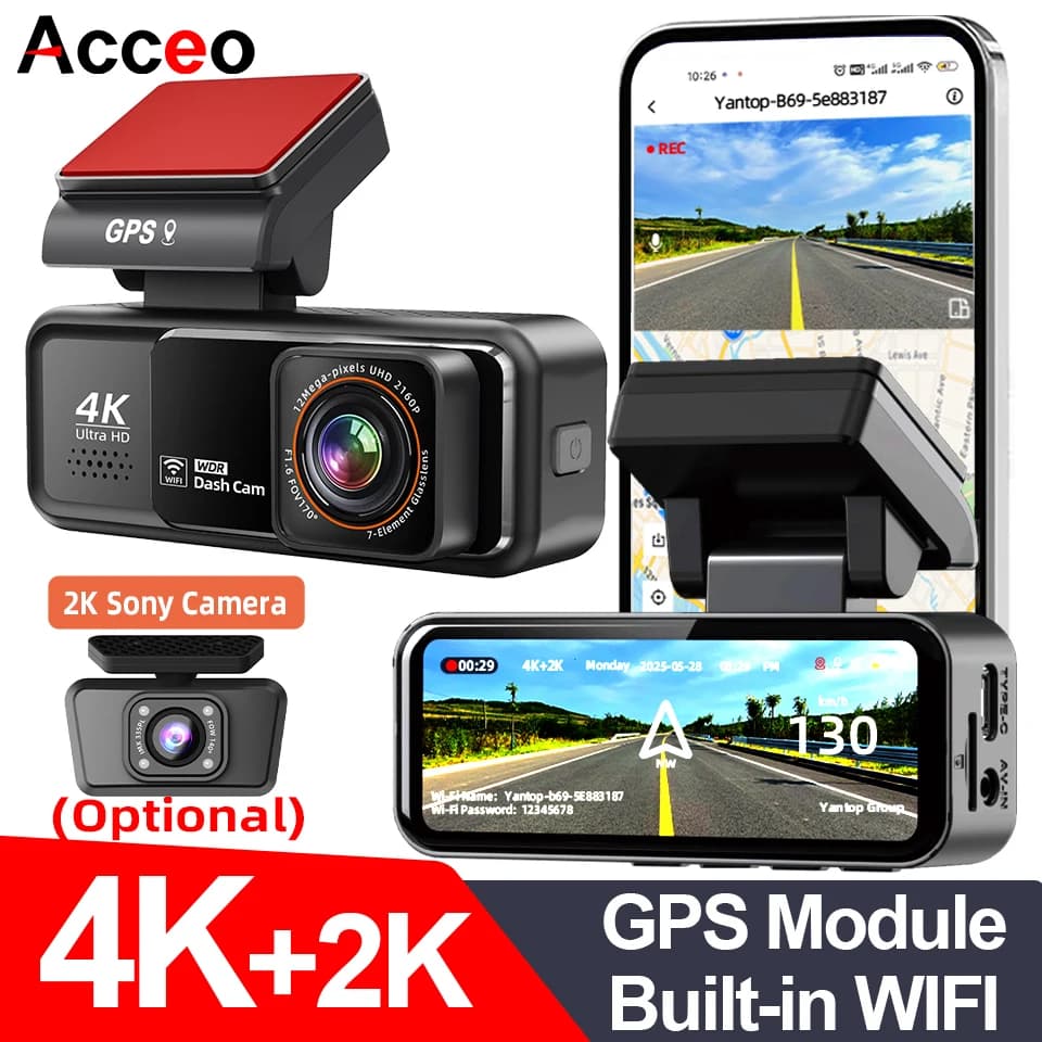 4K Dashcam WIFI Video recorder for AUTO Double Front lens 4K And rear 2.5K GPS support Camera Retrovisore Night Vision 24H Parking