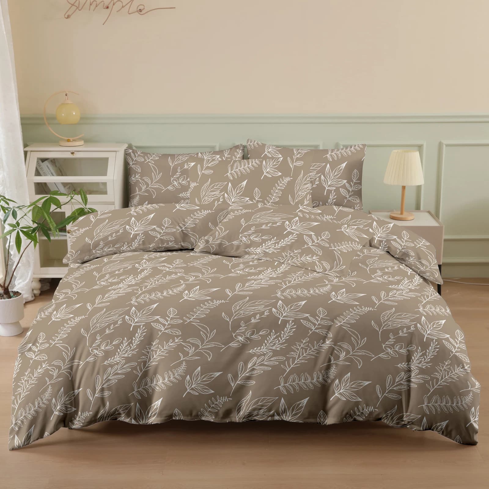 Set Copripiumino Stampato Tre Pezzi (2 Federe + 1 Copripiumino) in Poliestere, Stampa Floreale Color Cammello, Set Copriletto Ultra Morbido e Confortevole, Traspirante, Adatto per Camere da Letto e Case Vacanza (Copriletto + Federe, Senza Piumino e Imbottitura) Copripiumino con Cerniera + Federe con Tasca