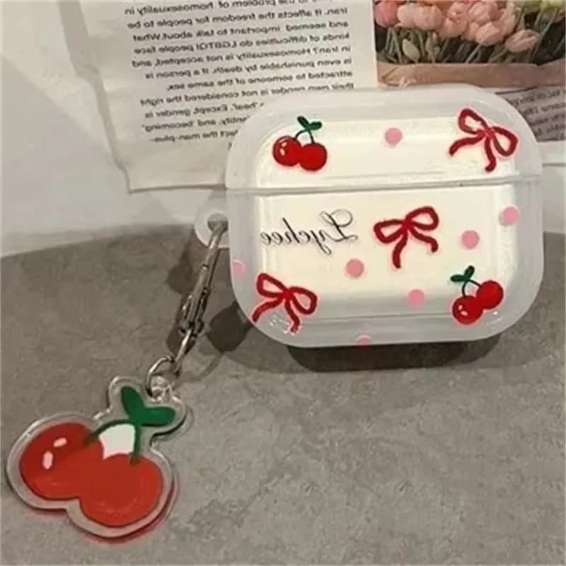 Cute Cherry Bow Earphone Case For AirPods 1/2/3/4/Pro 1/Pro 2 Soft Silicone Cover With Pendant Keychain Headphone Accessories