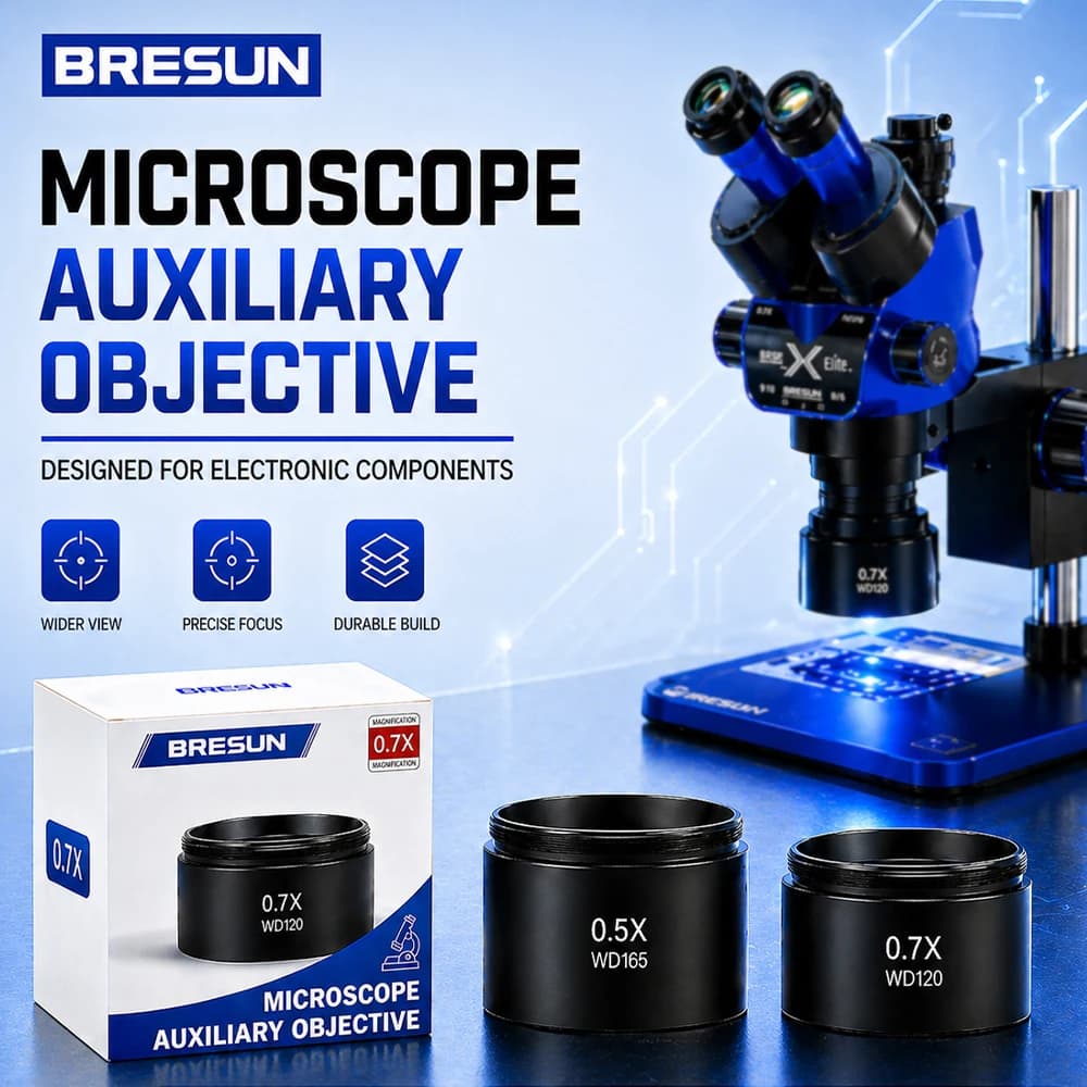 Obiettivo Ausiliario per Microscopio BRESUN 0.5X WD165 e 0.7X WD120 con Rivestimento FMC, Filettatura da 48mm per Strumento di Riparazione Microscopio Stereo