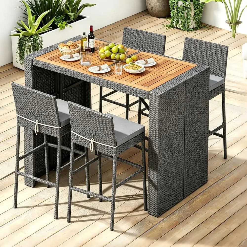 Outdoor Wicker Bar Set with Acacia Wood Top and Cushioned High Chairs for Patio or Poolside