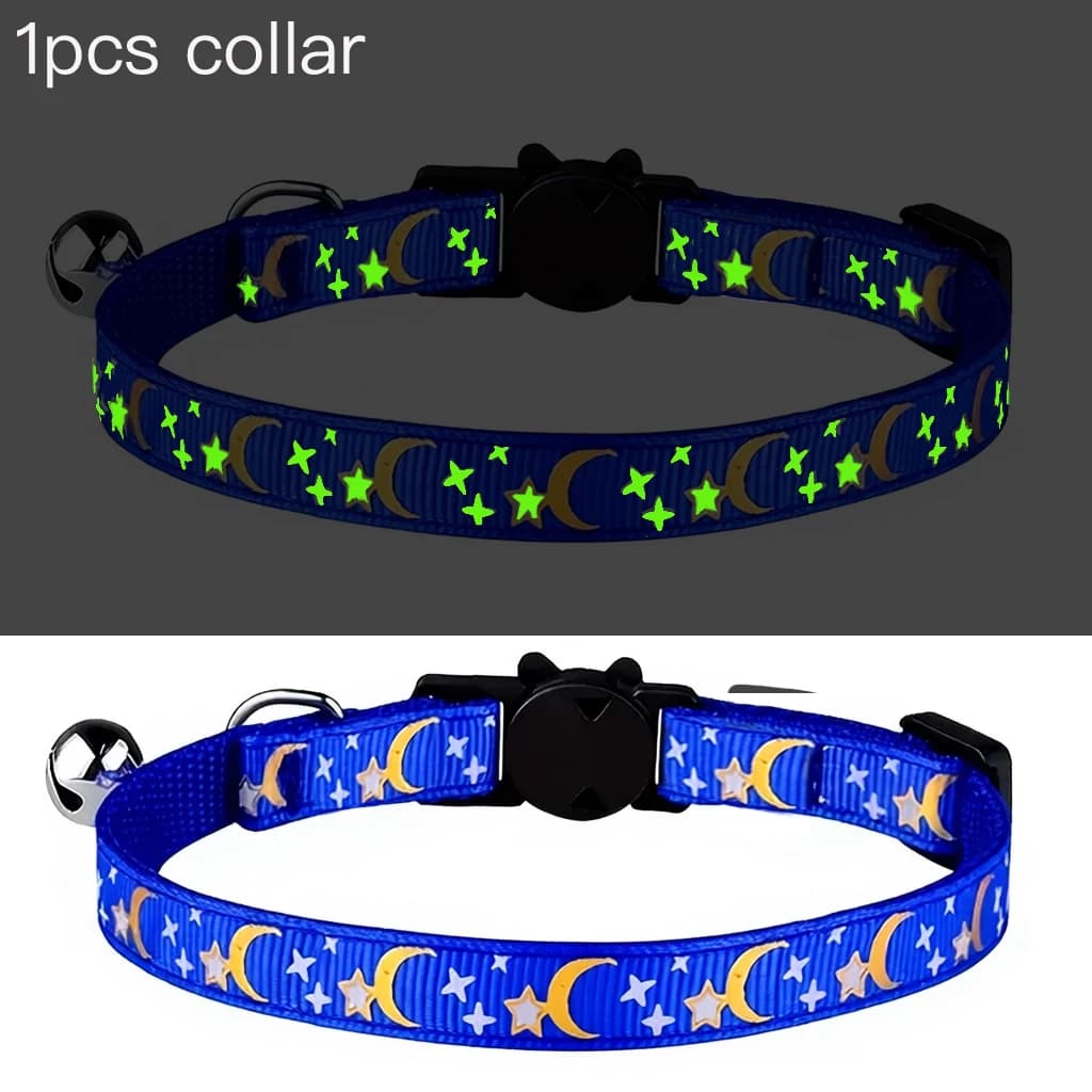 Collare per animali domestici Gatto Cane Colore oro Stelle e luna Collare per animali domestici con campana e materiale PP Luminescenza separata Fibbia di sicurezza Solido sicuro