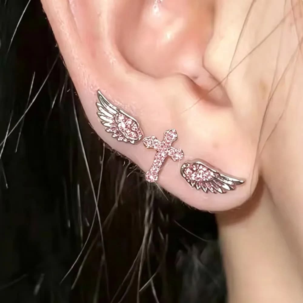 3Pcs Angel Wing Cross Zircon Ear Studs for Women Sweet Cool Punk Piercing Earring Couple Fashion Gothic Jewelry Accessories Gift