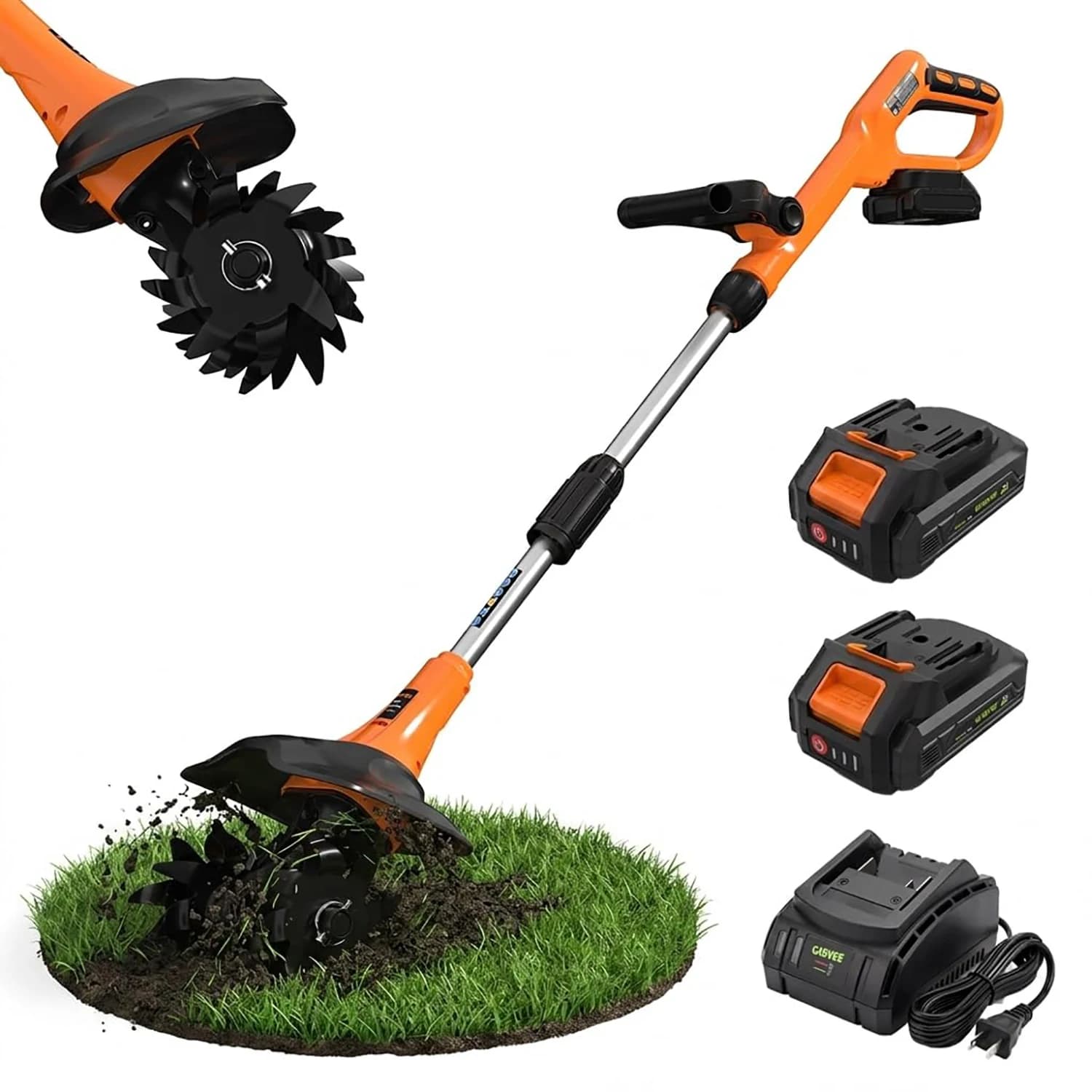 20V Cordless Garden Tiller, 2x2.0Ah Batteries Charger, 9in Width 6.3in Depth, 360RPM Electric Cultivator For Raised Beds Yard