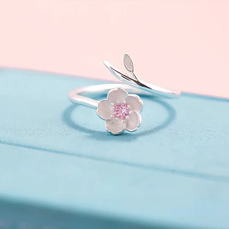 Korean Dongdaemun Creative Fresco Cherry Blossom Necklace Women's Set S925 Sterling Silver Ring Clavicle Chain Earrings