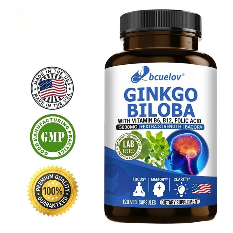 Ginkgo Biloba 5000 mg supplement - with vitamin B6 B12 Folic acid - Brain memory Mental alert Energy support for mood