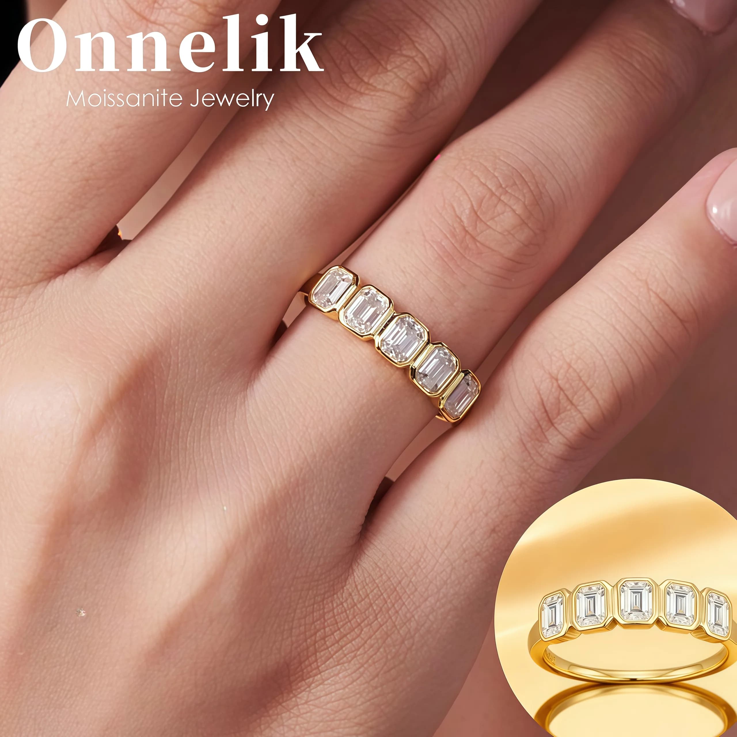 Onnelik S925 Anello in Moissanite placcato oro in argento sterling Elegante fascia di moda di lusso leggera per le donne Gioielli impilabili Regalo raro