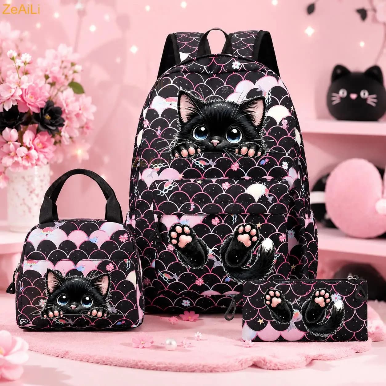 3Pcs/Set Cute Black Cat Paw Fish Scale Backpack for Women Casual School Bags with Lunch Bag Girls Student Teenager Rucksack