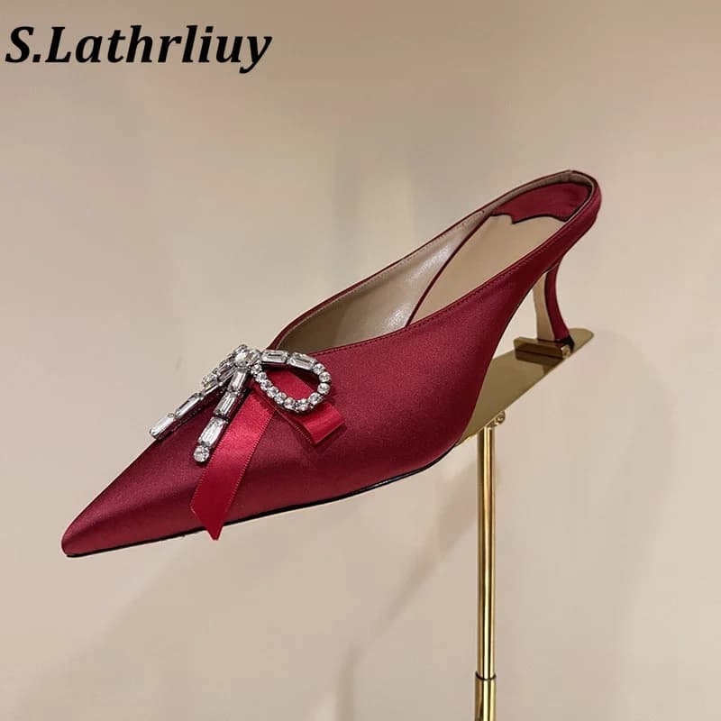 slippers High heels shiny crystal decoration satin solid color sandals summer new sexy party slippers office commuting shoes