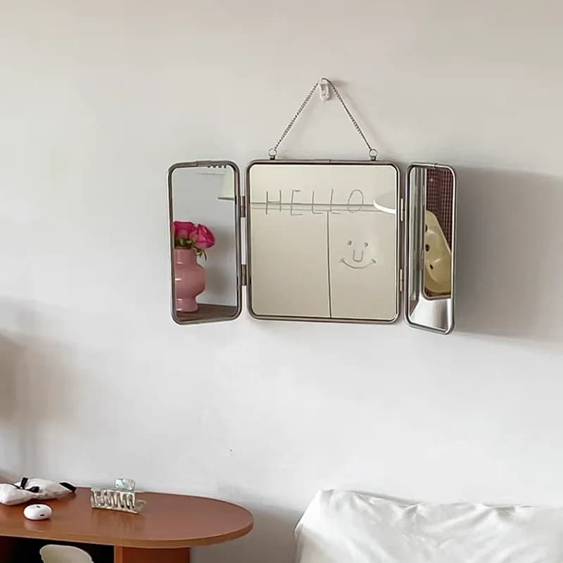 Specchio quadrato moderno e minimalista a tre pieghe in metallo, specchio da parete in acciaio inossidabile, bagno, letto e colazione, alta definizione