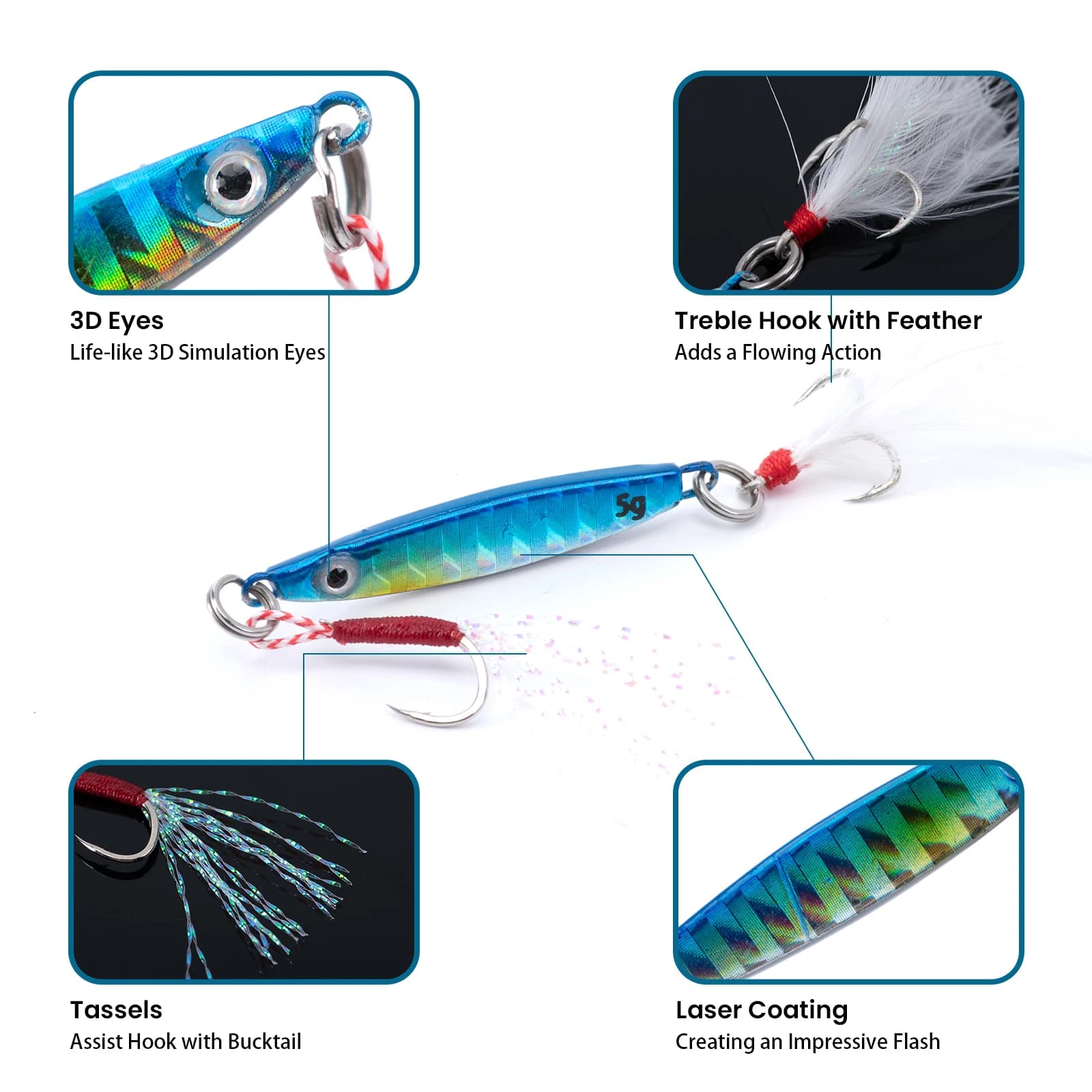 Goture Esca Artificiale in Metallo 5g-30g con Occhi e Rivestimento Laser, con Ganci Ausiliari per la Pesca in Mare