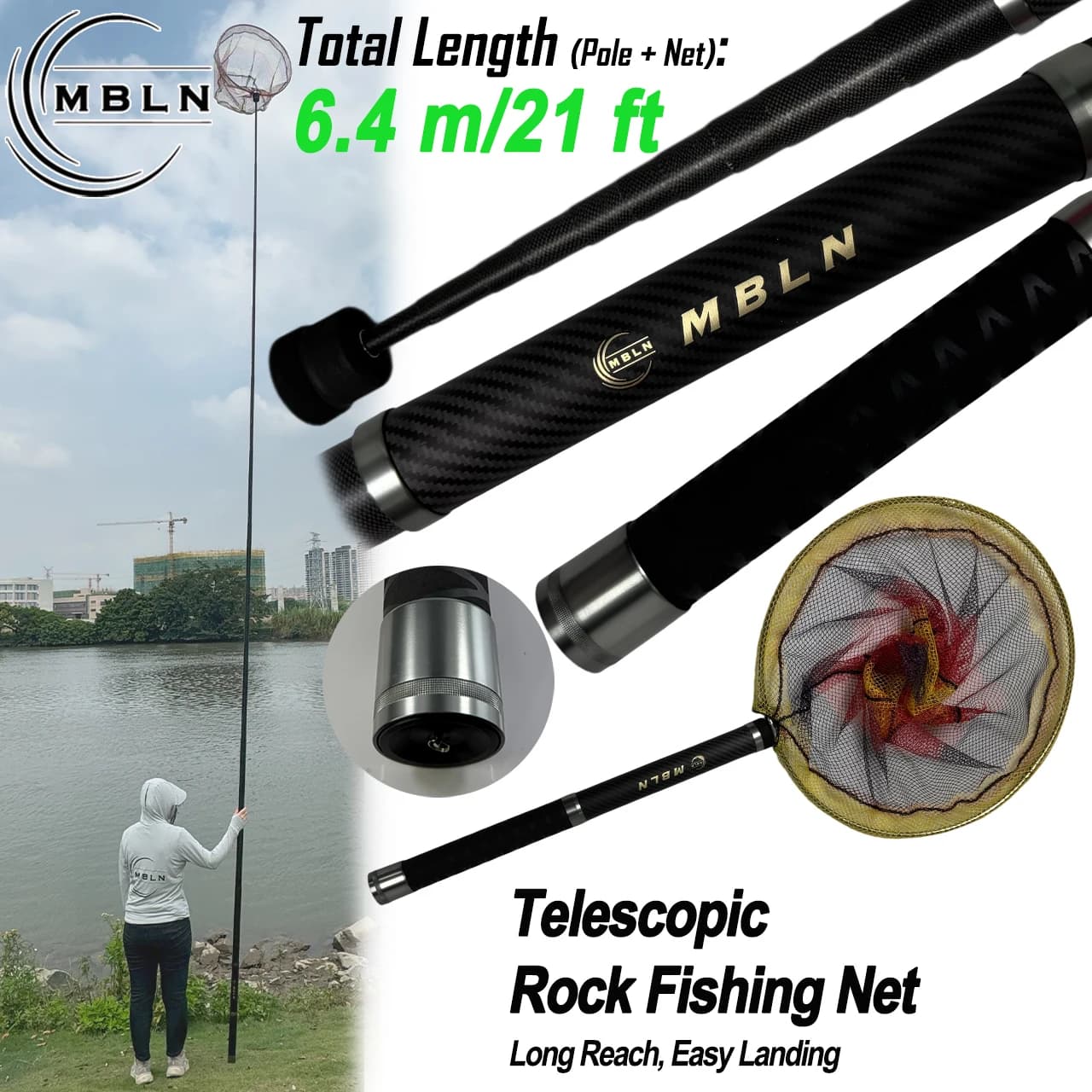Set Guadino Telescopico, Asta in Fibra di Carbonio 5,9m (56cm Piegato) + Testa Rete in Alluminio 50cm, Totale 6,4m, Kit da Pesca Portatile