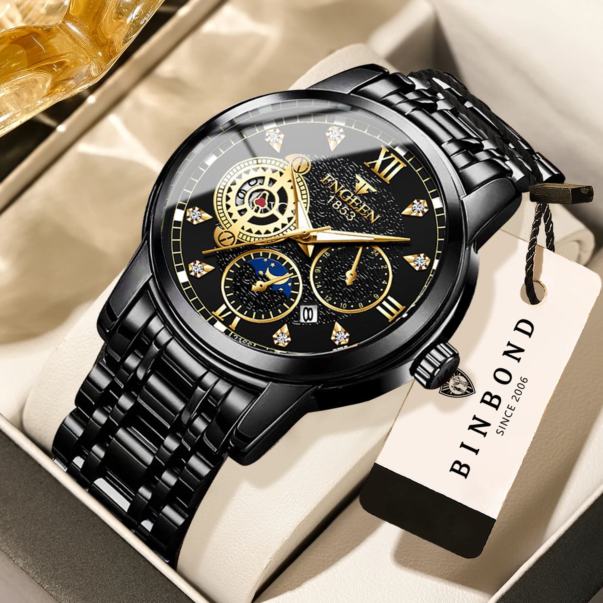 BINBOND Orologi da polso al quarzo di lusso, luminosi, impermeabili, con data automatica, in acciaio inossidabile, da uomo, business, sport, moda, casual, reloj