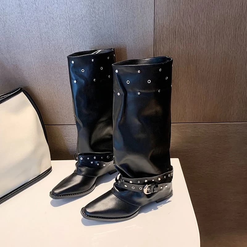 Belt Buckle Retro Rivet High Boots for Women Pointed Toe Non-slip Thick Heels