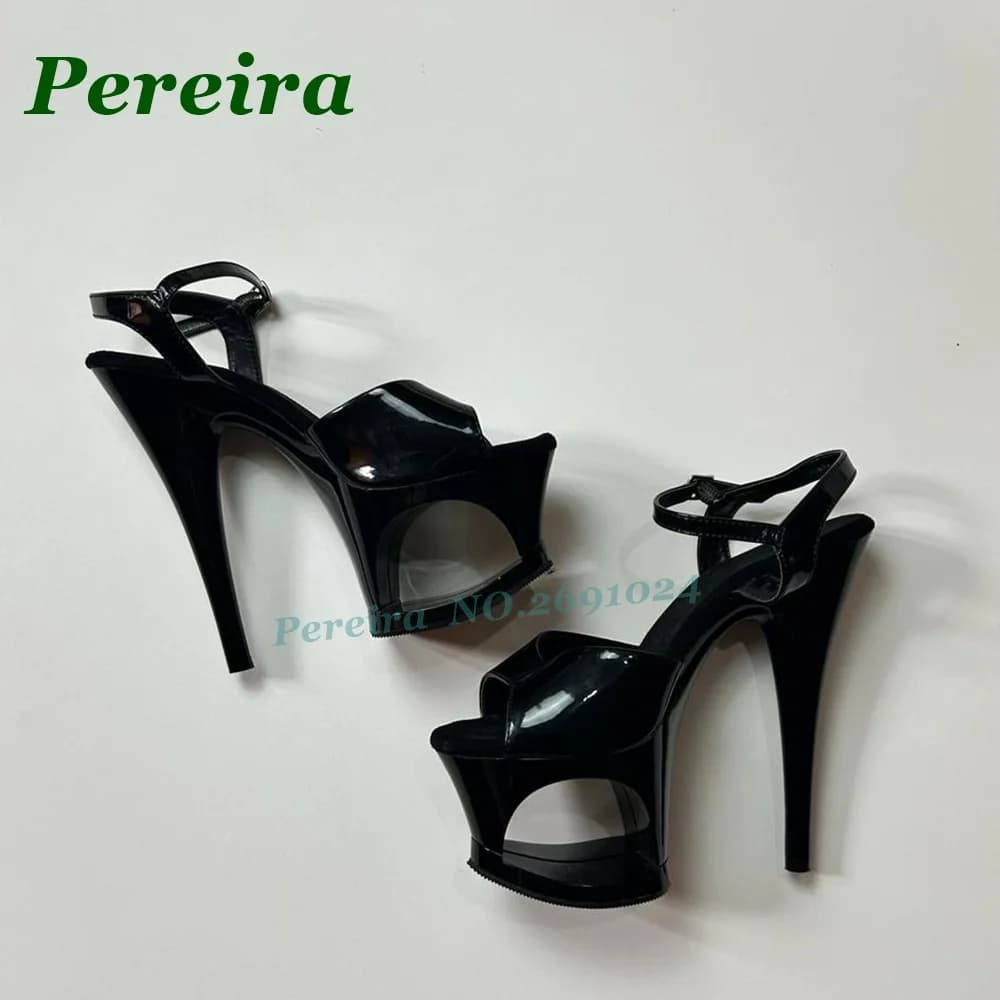 Sandali da donna neri in vernice con plateau e cut-out, tacco a spillo, punta aperta e cinturino alla caviglia, sexy, per pole dance e discoteca