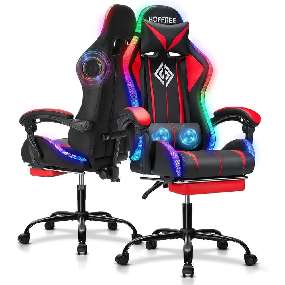 Ergonomic High-Back Gaming Chair with Bluetooth Speakers, LED Lights, and Lumbar Support - Red and Black