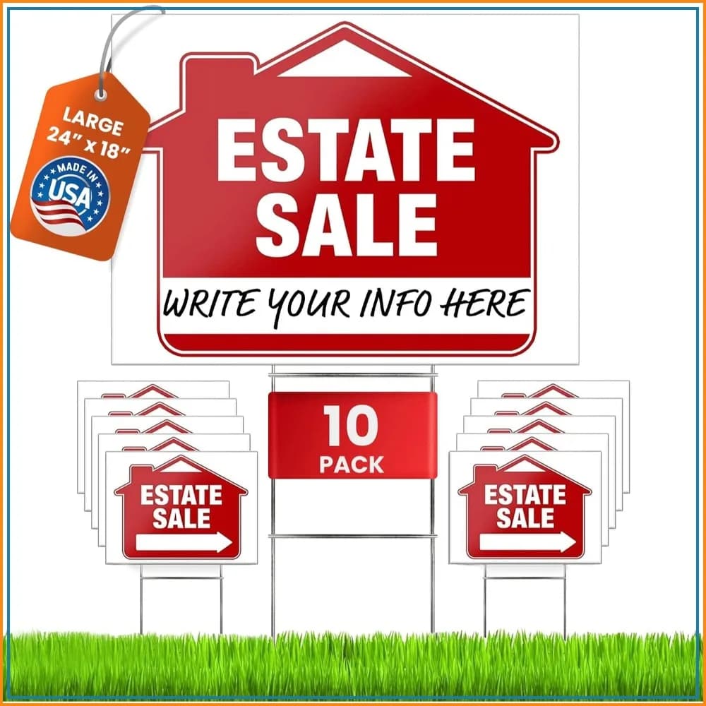 Estate Sale Signs 10 Pack – 24x18 Inch Double-Sided with Heavy Duty Stakes, Directional Arrows