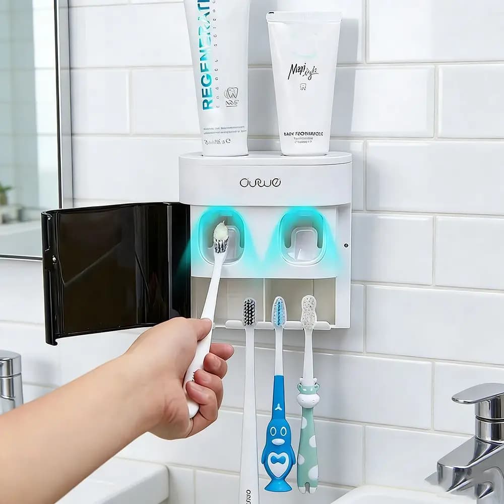 Wall Mounted Toothbrush Holder with Automatic Toothpaste Dispenser, Dustproof Cover No Drill Bathroom Toothbrush Organizer