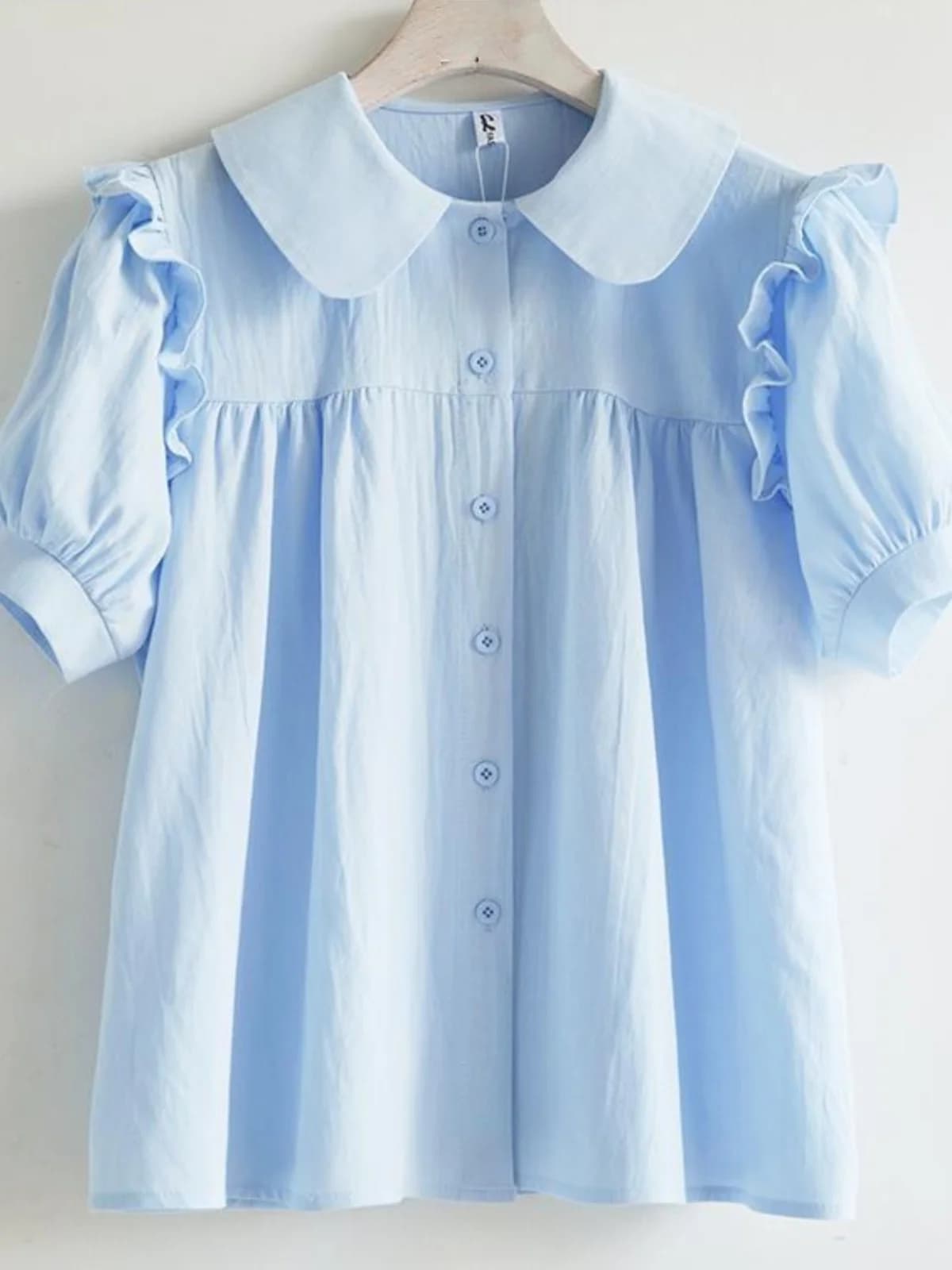 Camicia da donna estiva nuova con colletto a bambola e maniche a sbuffo, in fibra di poliestere sottile, tinta unita, stile Han Rou Chuan
