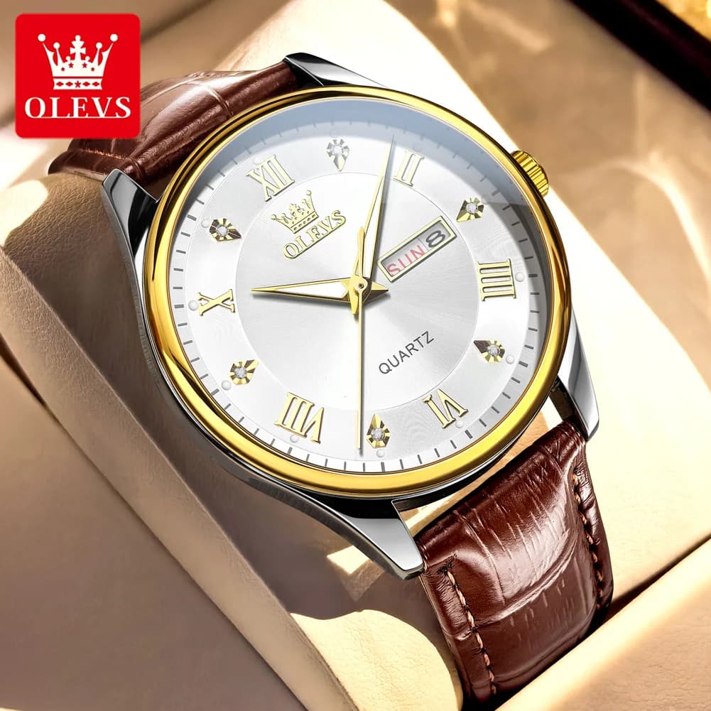OLEVS 3649 Mens Watch Original Casual Fashion Quartz Watch Waterproof Luminous Leather Strap Watches For Man And Woman Gift Box