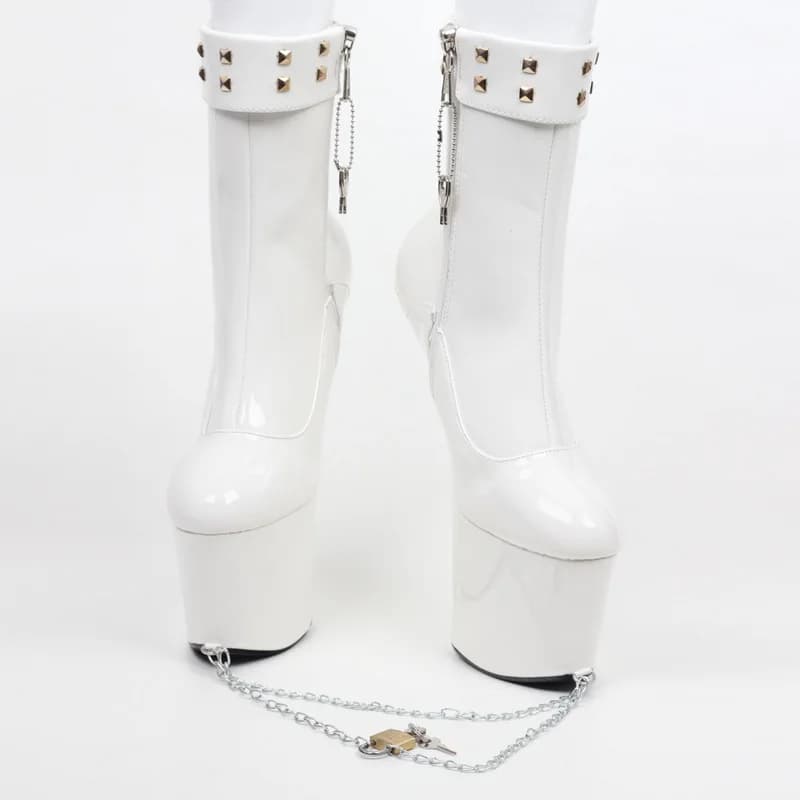 FHC donna Fetish Chain Lock Boots, piattaforme tacchi alti Botas alla caviglia, scarpe Cosplay Pole Dance da uomo, spettacolo teatrale, Ponyplay,20cm, bianco,