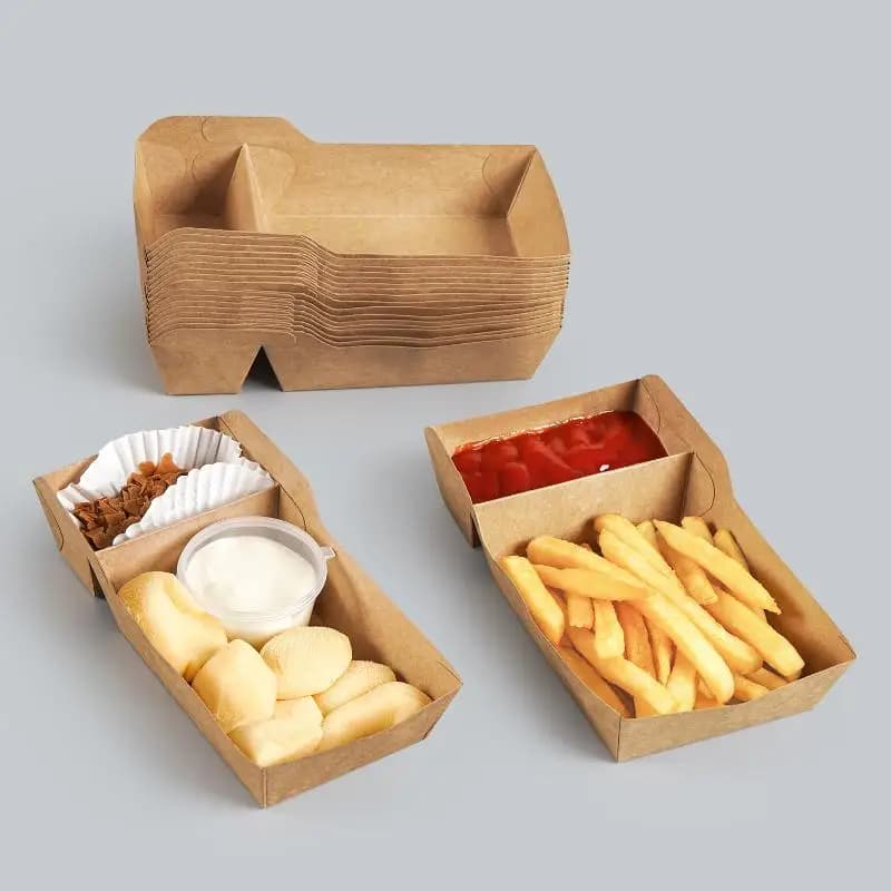 Vassoio da portata per alimenti in carta kraft usa e getta da 50 pezzi Due griglie Snack Patatine fritte Insalata di pollo Cartone da asporto Contenitori per la festa