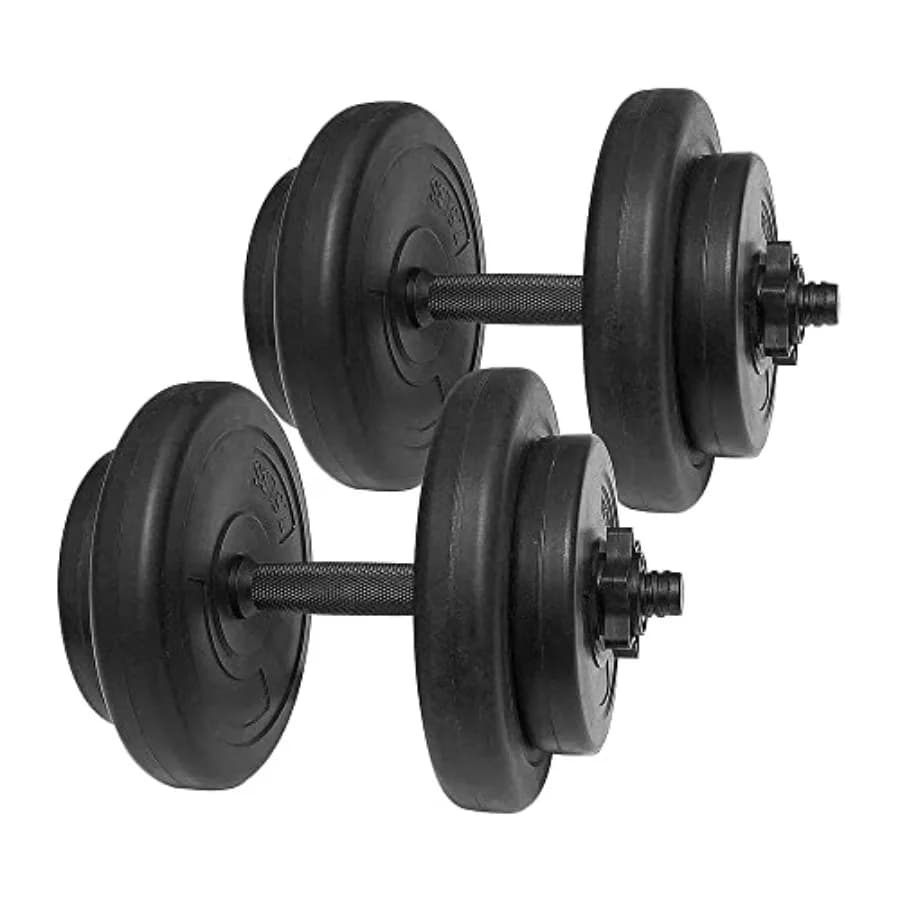 40-pound vinyl handlebar set for home gym, with black concrete weight plates, 14-inch shaped handles and collar locks