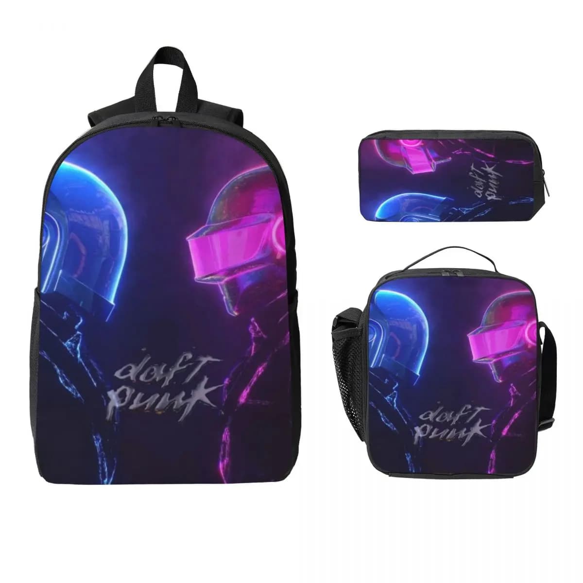 Set di zaini per musica elettronica Daft Punk da 3 pezzi per borse per penne per ragazzi e ragazze Set di borse per libri con scatola per il pranzo per studenti delle scuole