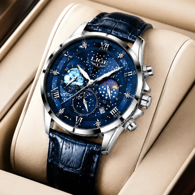 LIGE Fashion Blue Leather Watch for Men Casual Business Starry Sky Dial Watch Men Outdoor Sports Waterproof Quartz Chronograph